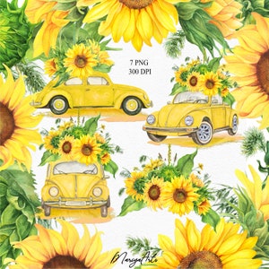 Żółty Klasyczny Samochód Słoneczniki Akwarela Clipart PNG Lato Retro Samochód Kwiaty Styl Vintage Kwiatowa Ramka Clip Art Malowane Ręcznie Akwarela