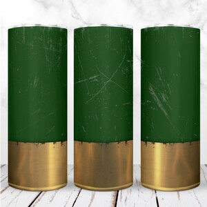 May include: Three stainless steel tumblers with a green and gold design. The tumblers have a distressed, vintage look with a green base and a gold band around the top.