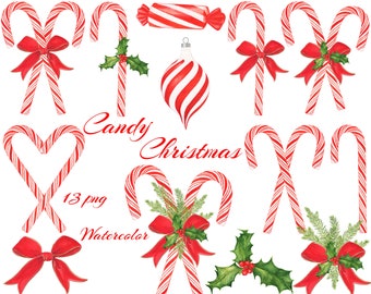 May include: A set of 13 watercolor illustrations of candy canes, a candy cane ornament, and a candy cane wrapped in red ribbon. The illustrations are hand-painted and feature red and white candy canes with green holly leaves and red berries. The text "Candy Christmas" is written in cursive script.