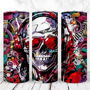 Muzyka 90's Tumbler Wrap PNG 20oz Skinny Tumbler Rock Skull Słuchawki Bezszwowy projekt sublimacji Prosty projekt cyfrowy Natychmiastowe pobieranie