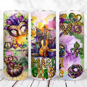 Mardi Gras Tumbler Wrap PNG 20oz Skinny Tumbler Mardi Gras New Orleans Party Aquarela Sublimação Design Digital Sem Costura Download Instantâneo