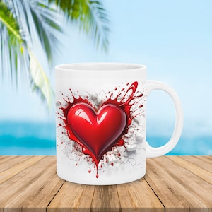 Red Heart Mug Wrap PNG 11oz and 15oz Valentine&#39;s Day Love 3D Hearts Romantic Mug Coffee Cup Wrap Sublimation Digital Design Digital Download