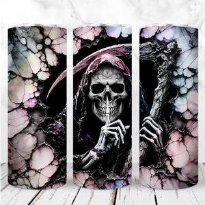 Grim Reaper Silent Death Tumbler Wrap PNG 20oz Skinny Tumbler 3D Death with Scythe Gothic Skull sublimatie digitaal ontwerp direct downloaden