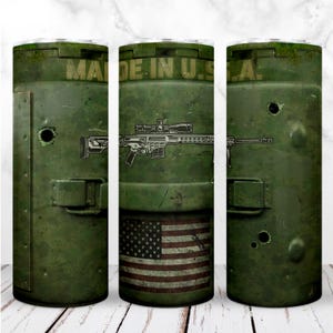 Caja de munición, vaso militar, envoltura PNG, vaso delgado de 20 oz, lata de metal para francotirador veterano del ejército de EE. UU., diseño digital sin costuras, descarga instantánea