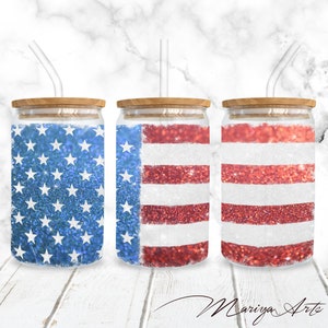 Envoltura de lata de vidrio Libbey de 16 oz con bandera de EE. UU. PNG con purpurina patriótica para el 4 de julio, envoltura de lata de vidrio con sublimación, diseño digital sin costuras, descarga instantánea