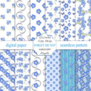 Ne m'oubliez pas, fond de paquet de papier numérique Paquet de papier sans couture numérique Texture motif imprimé fleurs bleues peint à la main aquarelle éphémères