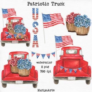 Patriotic Truck USA Flag Day American Flag Clipart, Watercolor, 4th July, Fourth of July, Vintage Red Truck, Independence Day, Merica PNG