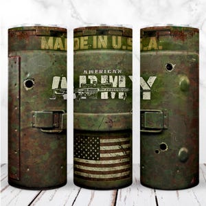 Envoltura de vaso militar PNG Vaso delgado de 20 oz Caja de munición de metal Lata Veterano del ejército de EE. UU. Diseño digital sin costuras Sublimación Descarga instantánea