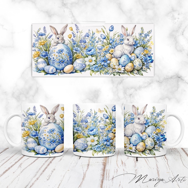 Easter Mug Wrap PNG 11oz & 15oz Cute Easter Bunny Watercolor Blue Flowers Mug Coffee Cup Wrap Sublimation Digital Design Digital Download