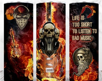 Rock Music Tumbler Wrap Heavy Metal 20oz Skull Fire Skinny Tumbler Sublimation Design Template Straight PNG Digital Design Instant Download