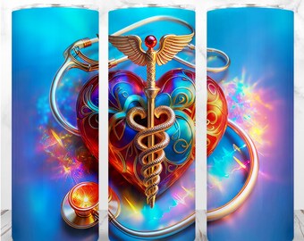 Envoltura para vaso de doctor, PNG, vaso delgado de 20 oz, caduceo, enfermera, médico, corazón, cardiólogo, sublimación, diseño digital sin costuras, descarga instantánea