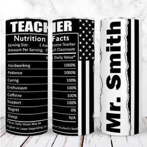 Lehrer personalisierte Tumbler Wrap PNG 20oz Skinny Tumbler Lehrer Ernährung Fakten Geschenk Sublimation Nahtloses digitales Design, sofort-Download