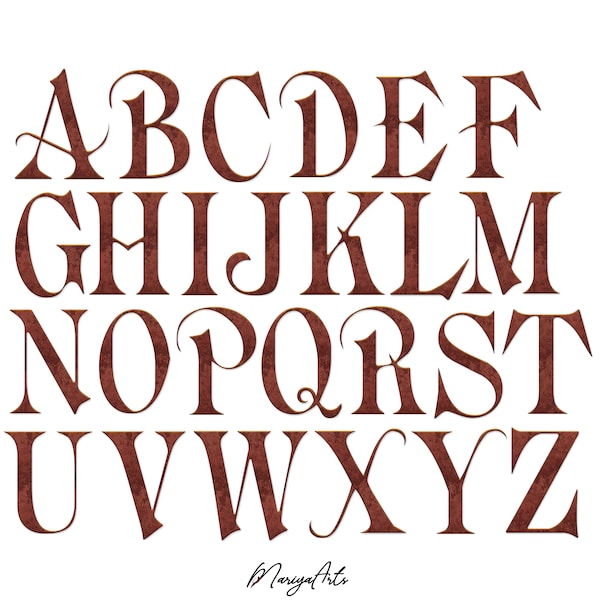 Old English Alphabet Letters and Numbers Rusty Metal Latin Alphabet A - Z PNG Clipart Printable Antique Copper Metal Alphabet lettering