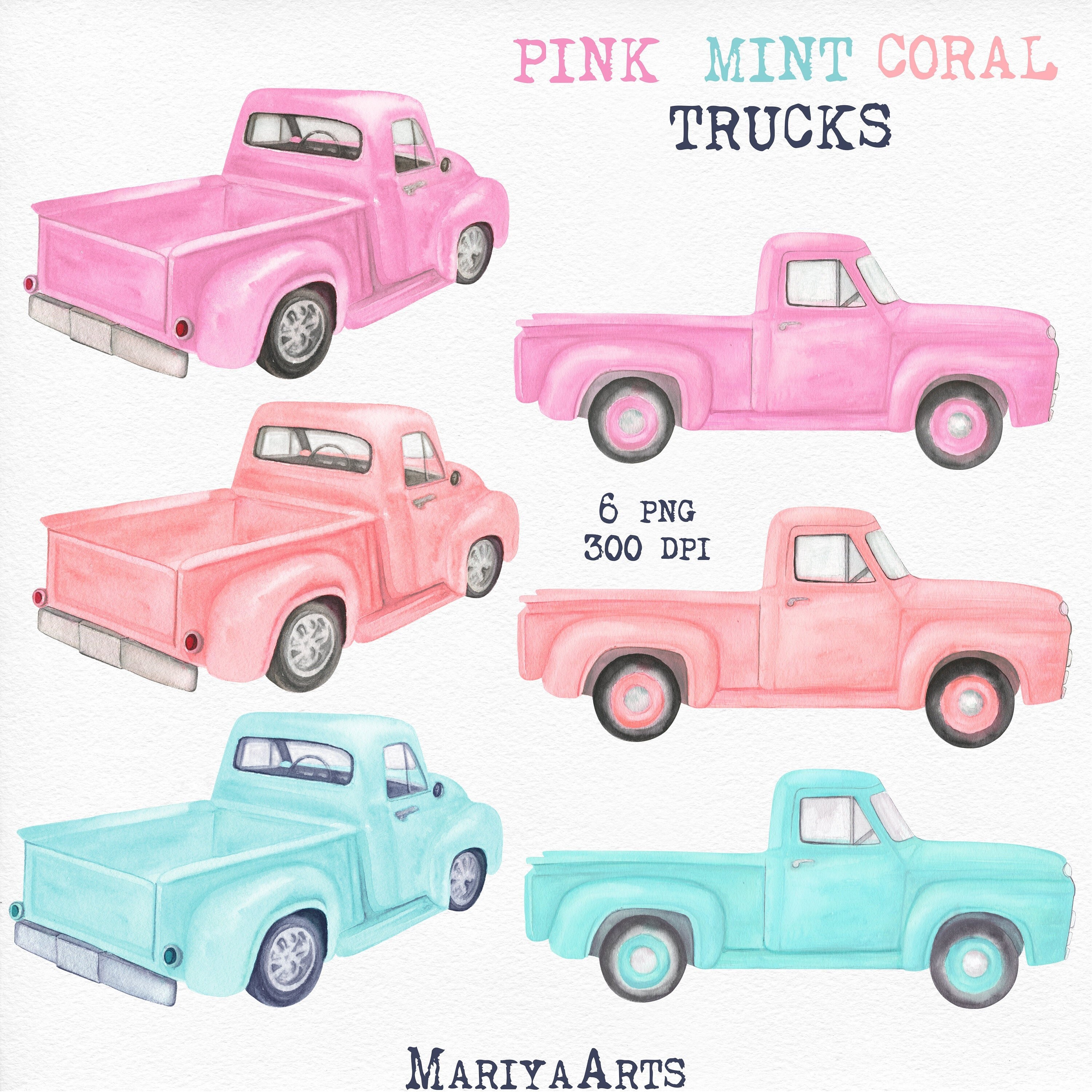 Pastel Truck Watercolor Clipart, Vintage Retro Pickup, Farmer's Truck ...