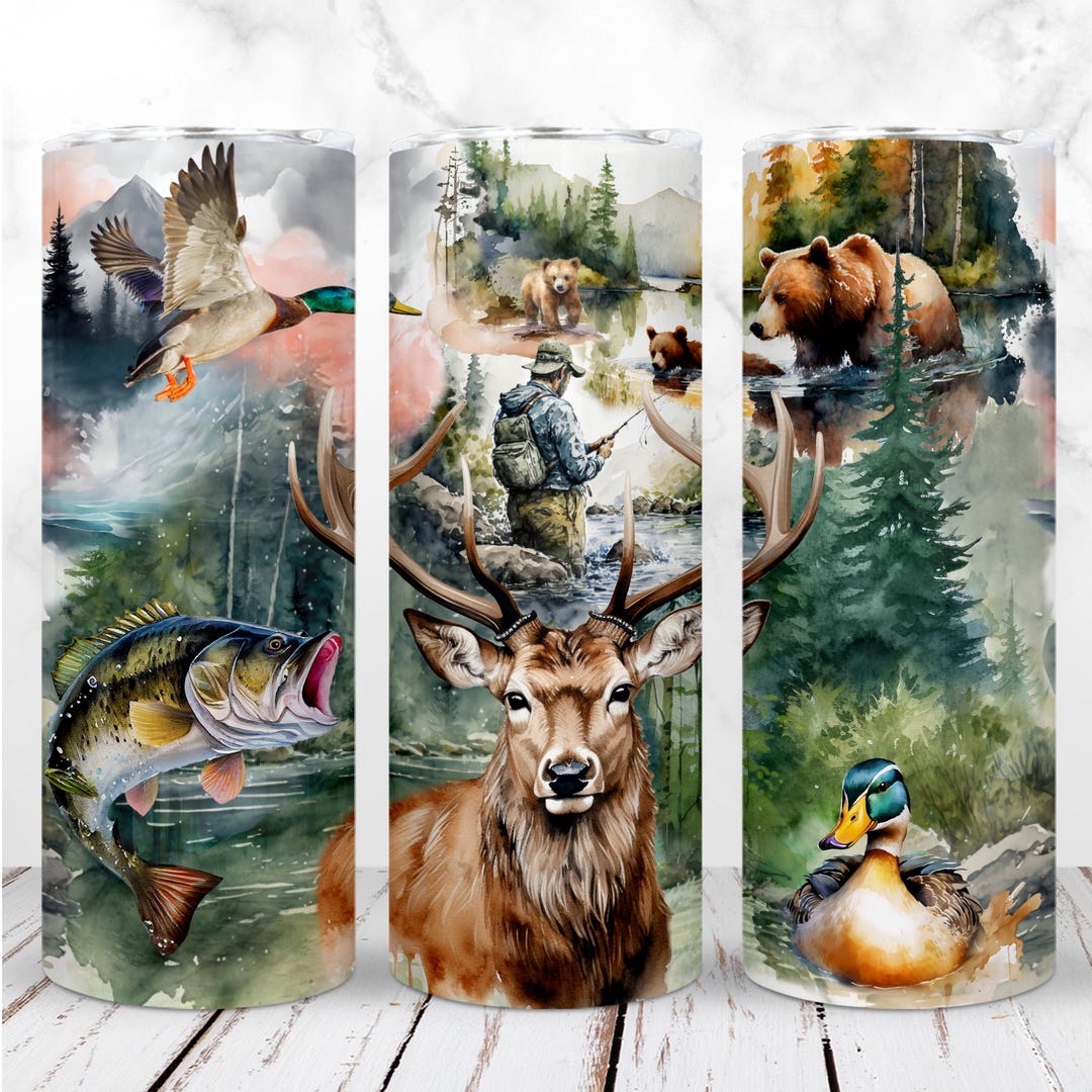 Hunting Fishing Tumbler Wrap PNG 20oz Skinny Tumbler Deer Bass Male ...