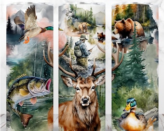 Hunting Fishing Tumbler Wrap PNG 20oz Skinny Tumbler Deer Bass Male Fishing Season Life Sublimation Seamless Digital Design Instant Download