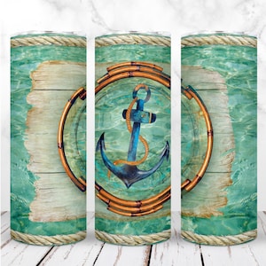 Tumbler con ancora nautica PNG 20oz Skinny Tumbler Ocean Sea Beach Acquerello in legno Sublimazione Design digitale senza soluzione di continuità Download immediato
