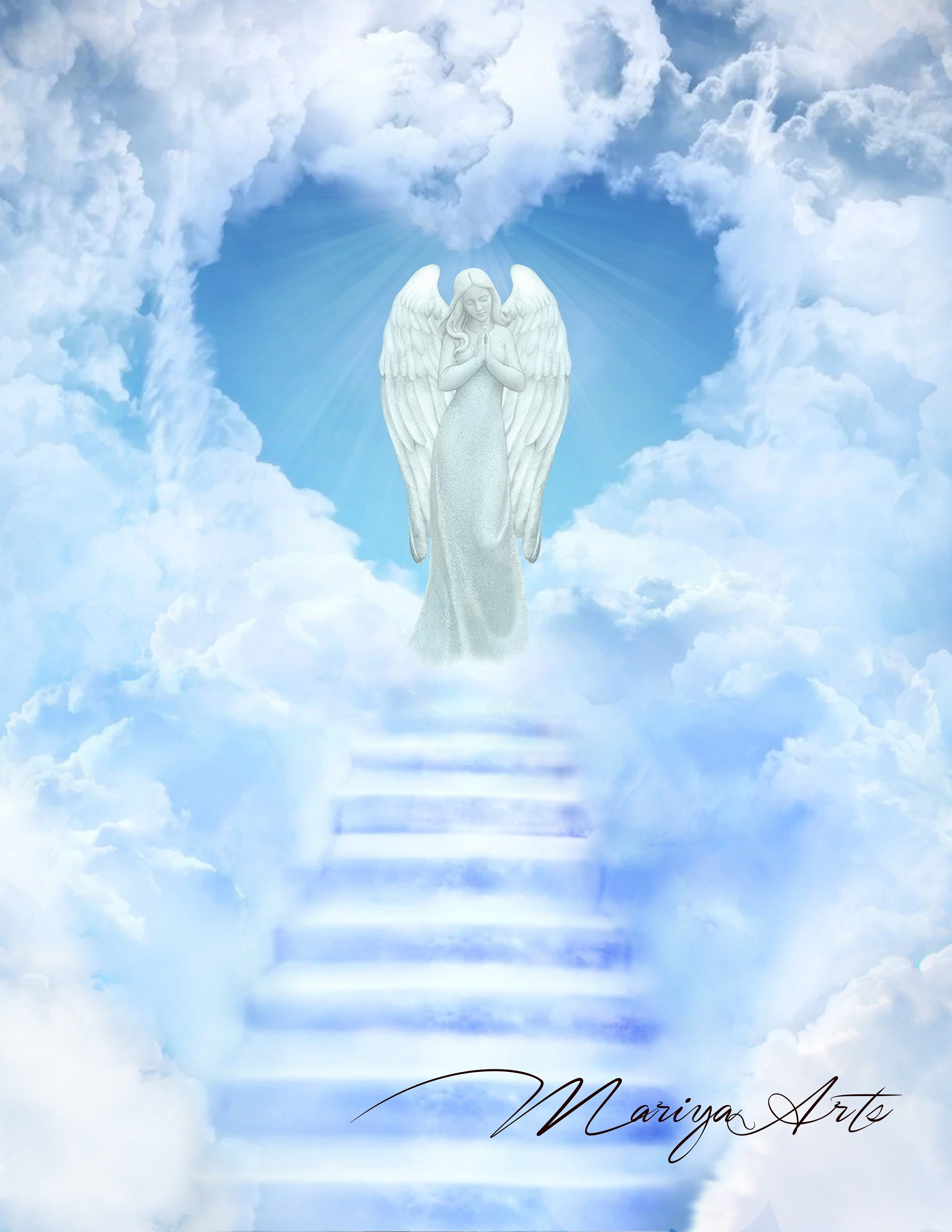 Image of a stairway to heaven with angels and a cross