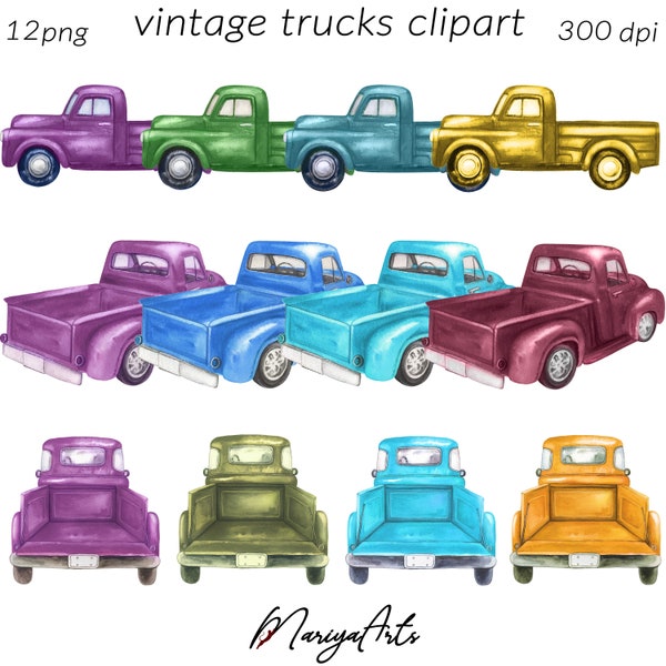 Harvest Truck Watercolor Vintage Truck Watercolor Clipart, Old Farmer's Pickup, Tailgate Truck, Teal Truck Classic, Fall, Blue, Purple, Gold