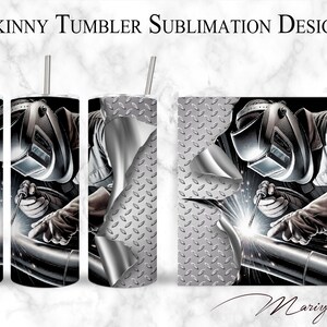 May include: Sublimation design for a skinny tumbler featuring a welder wearing a welding mask and welding a metal pipe. The design has a silver and gray diamond plate pattern.