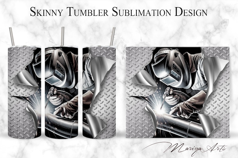 May include: Sublimation design for a skinny tumbler featuring a welder wearing a welding mask and welding a metal pipe. The design has a silver and gray diamond plate pattern.
