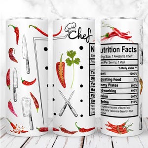 Emballage de gobelet de chef PNG 20 oz, gobelet mince, valeur nutritive, couteau au piment fort, sublimation, conception numérique droite, téléchargement immédiat