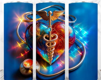Envoltura para vaso de doctor, PNG, vaso delgado de 20 oz, corazón, caduceo, enfermera, cardiólogo, diseño digital sin costuras, descarga instantánea