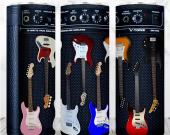 May include: A black and white graphic of a guitar amplifier with the text "V-TONE GM108" and "15-WATTS TRUE ANALOG MODELING AMPLIFIER". The amplifier has a black speaker grill and is decorated with five electric guitars in various colors, including pink, white, red, blue, and brown.