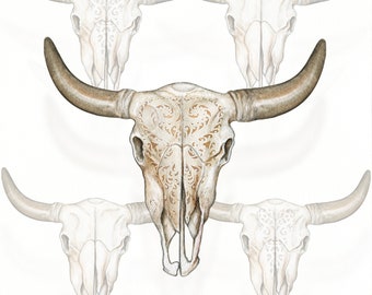 Bull Skull Watercolor Clipart, Engraved Cow Skull Clip Art, Horns Western Bull Skull Wedding Boho Invitations Sublimation Design Hand Drawn