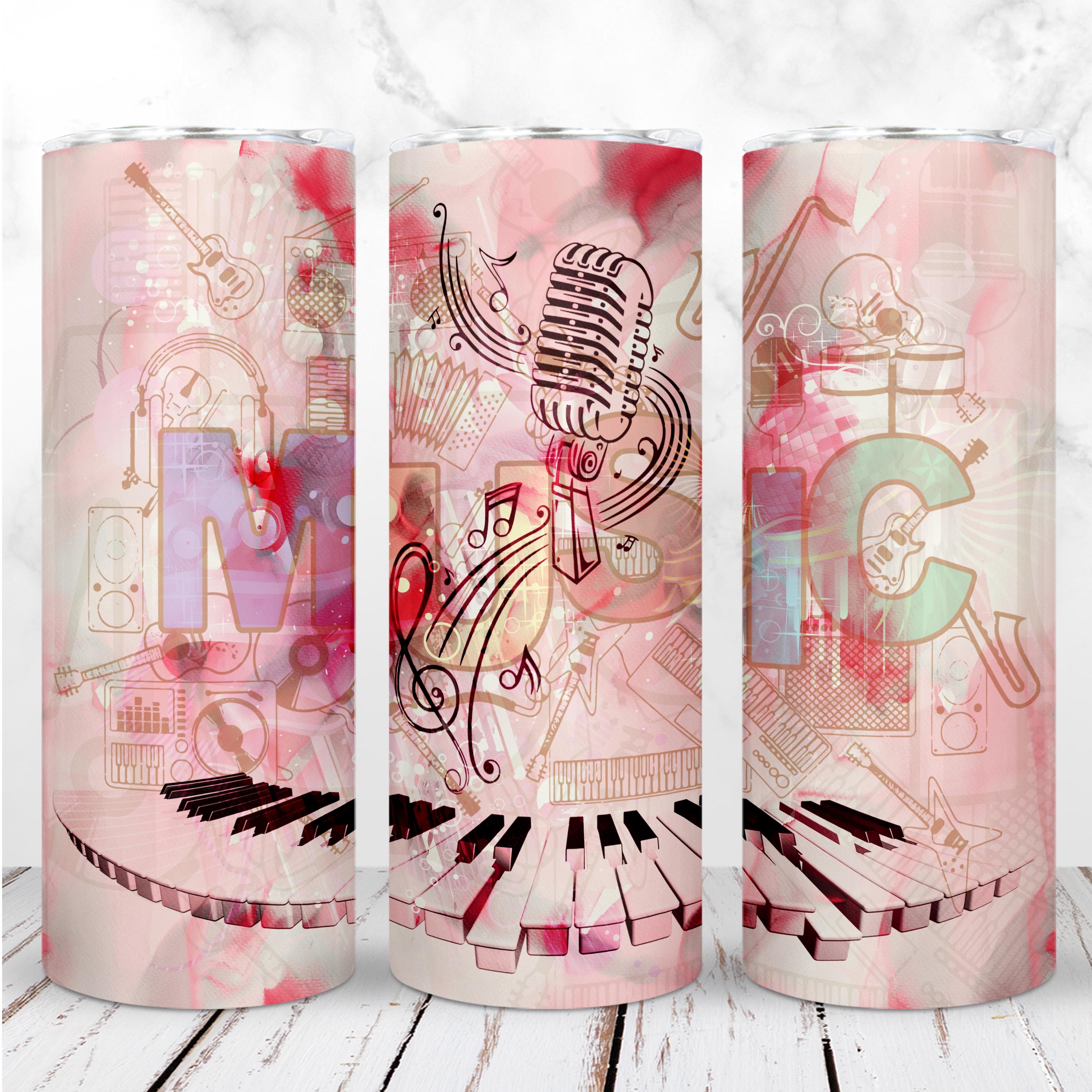 Music Tumbler Wrap PNG 20oz Skinny Tumbler Pink Musical Notes Piano Keys Sublimation Design Seamless Digital Design Instant Download
