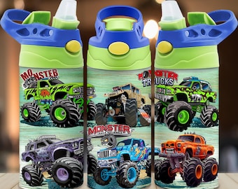 Monster Truck 12oz Kids Flip Top Sippy Cup PNG Monster Trucks Water Bottle Tumbler Wrap Sublimation Seamless Digital Design Instant Download