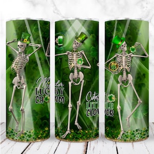 Envoltura para vaso de San Patricio PNG Vaso delgado de 20 oz Esqueletos felices bailando Diseño digital sin costuras por sublimación Descarga instantánea