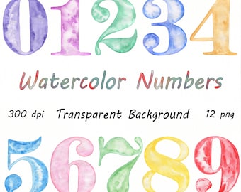 May include: Hand painted watercolor numbers 0 through 9. Each number is a different color, including purple, green, blue, orange, pink, and red. The numbers are on a white background. The text "Hand Painted Watercolor" and "Watercolor Numbers" are at the top of the image. The text "300 dpi Transparent Background 12 png" is at the bottom of the image. The text "MariyaArts" is at the bottom center of the image.