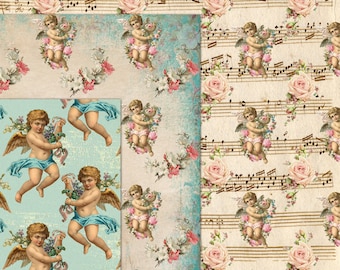 Pacote de papel sem costura querubim, anjos vintage vitorianos franceses com flores padrão de álbum de recortes amor romântico textura de fundo download digital