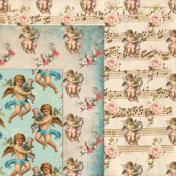 Cherub Seamless Paper Pack, French Victorian Vintage Angels with Flowers Scrapbook Pattern Romantic Love Background Texture Digital Download