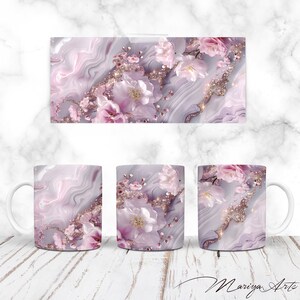 Envoltura de taza 3D de primavera rosa PNG de 11 oz y 15 oz Envoltura de taza floral con flores rosas Taza de café de mármol rosa Diseño digital de sublimación Descarga digital
