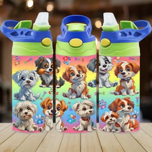 Cute Puppies 12oz Kids Flip Top Sippy Cup Cartoon Kids Water Bottle PNG Tumbler Wrap Sublimation Seamless Digital Design Instant Download