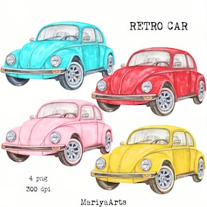 Clipart de coche antiguo PNG, coche clásico retro, coche rosa, coche viejo rojo, coche azul, coche clásico amarillo, acuarela pintada a mano, uso comercial PNG