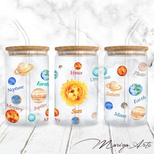 Sonnensystem 16 Unzen Libbey Glasdose PNG Nahtlose Planeten Sonne Erde Venus Aquarell Sublimationsdosen Digitales Design Sofort-Download wickeln