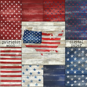 Fondo de papel digital patriótico Bandera estadounidense 4 de julio EE.UU. Texturas de madera rústicas Acuarela Estrellas y rayas Rojo Azul Papel blanco
