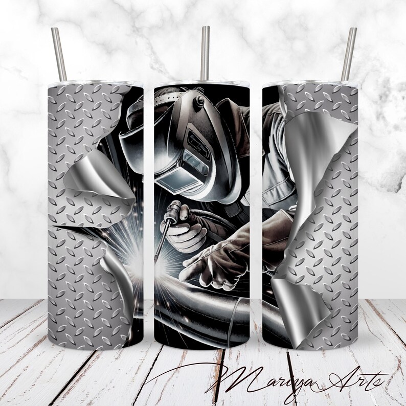May include: A stainless steel tumbler with a design of a welder working on a metal pipe. The design is surrounded by a silver metal sheet with a diamond pattern.