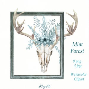 Deer Antler Skull Clipart PNG Blue Mint Bouquets Watercolor Floral Wreath Clip Art Frame Hand Painted Flowers Bohemian Boho Woodland Wedding