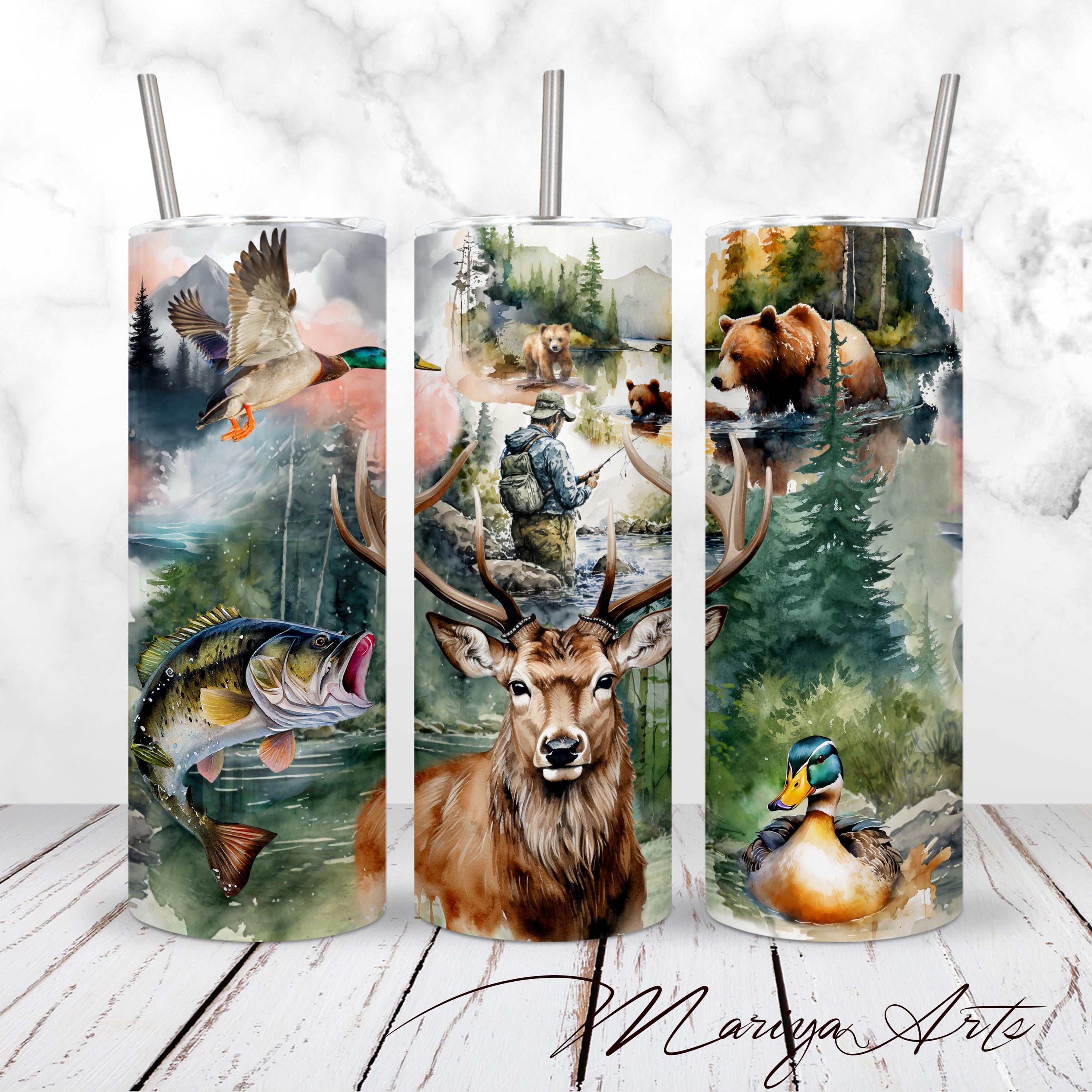 Hunting Fishing Tumbler Wrap PNG 20oz Skinny Tumbler Deer Bass Male ...