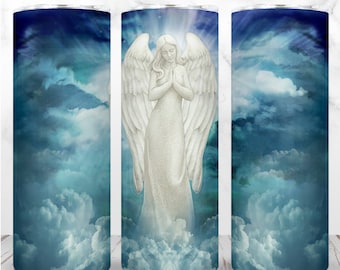 Praying Angel Tumbler Wrap PNG 20oz Skinny Tumbler Wrap Clouds Sky Sublimation Design Template Straight JPG Digital Design Instant Download