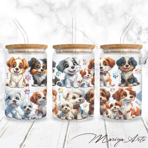 Puppy Dogs 16oz Libbey Glass Can Wrap PNG Cartoon Dogs Lover Cute Dog Glass Can Wrap Sublimation Seamless Digital Design Instant Download