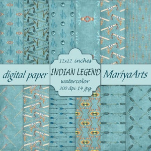 Puede incluir: Una colección de papeles digitales con diseños inspirados en los nativos americanos. Los papeles presentan patrones de flechas, cactus y formas geométricas en tonos turquesa, marrón y naranja. El texto de la imagen dice "INDIAN LEGEND" y "digital paper". Cada papel mide 30,48 x 30,48 cm.