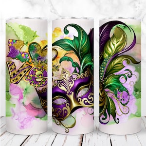 Mardi Gras Tumbler Wrap PNG 20oz Skinny Tumbler Love Mardi Gras Street Party Aquarela Sublimação Design Digital Sem Costura Download Instantâneo