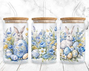 Wielkanoc 16oz Libbey Glass Can Wrap PNG Bezszwowa Wielkanocna Króliczka Niebieskie Kwiaty Akwarela Sublimacja Can Wrap Cyfrowy Projekt Natychmiastowe Pobieranie