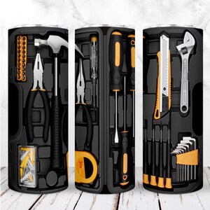 May include: Three black toolboxes with a variety of tools, including a hammer, pliers, screwdrivers, a tape measure, a utility knife, and a wrench. The toolboxes are all closed and have a yellow and black color scheme.
