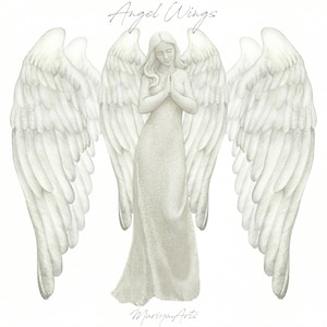 Engel Flügel Aquarell Clipart, Betende Engel Statue, Weißer Engel Flügel Overlays Clip Art, Handmalerei Aquarell, Digitaler Download PNG